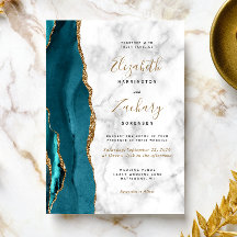 Moderne Aquamarine Goldene Marmorhochzeit Einladun