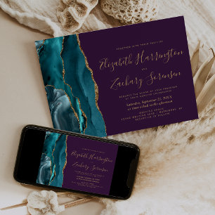 Moderne Aquamarine Goldene Tor-Lila Hochzeit Einladung
