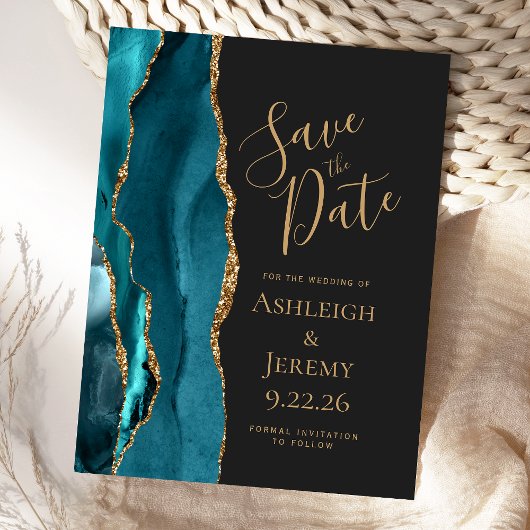 Moderne Aquamarine Goldklee-Hochzeit rettet das Da Postkarte