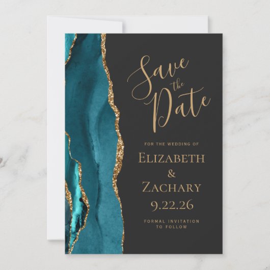 Moderne Aquamarine Goldklee-Hochzeit rettet das Da Save The Date (Vorderseite)