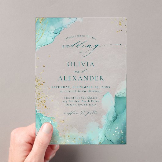 Moderne Aquamarine Goldmedaille Abstrakt Beach Wed Acryleinladungen (Insitu (Handheld))