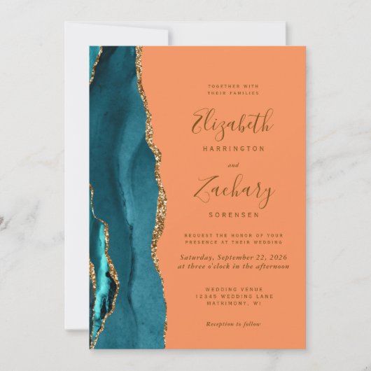 Moderne Aquamarine Goldschmiedetts-Mandarine Einladung (Vorderseite)