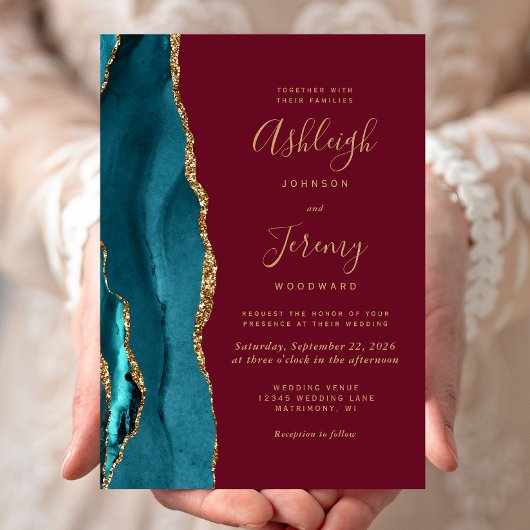 Moderne Aquamarine Hochzeit mit Gold Agate Burgund Einladung