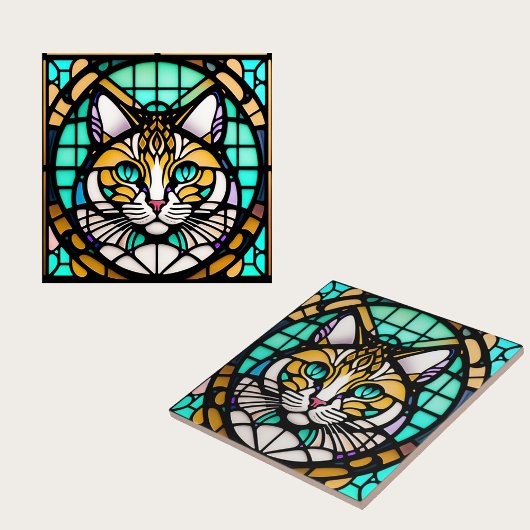 Moderne Aquamarine Katze-Bleiglas-Illustration Fliese