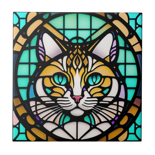 Moderne Aquamarine Katze-Bleiglas-Illustration Fliese (Vorderseite)
