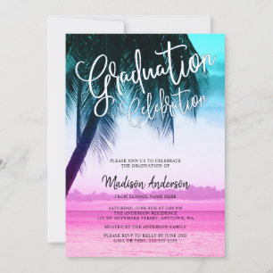 Moderne Aquamarine rosa Tropical Beach Graduation  Einladung