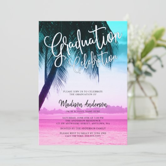 Moderne Aquamarine rosa Tropical Beach Graduation Einladung (Stehend Vorderseite)