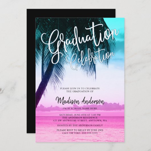 Moderne Aquamarine rosa Tropical Beach Graduation Einladung (Vorne/Hinten)