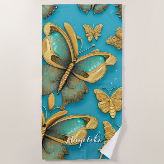 Moderne Aquamarine Schmetterlinge Gold-Glitzer Strandtuch
