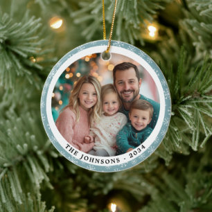 Moderne Aquamarine Schneeflocken Rund ums Foto Keramik Ornament