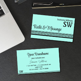 Moderne Aquamarine schwarze Streifen mit Monogram  Visitenkarte