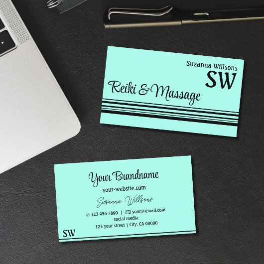 Moderne Aquamarine schwarze Streifen mit Monogram  Visitenkarte