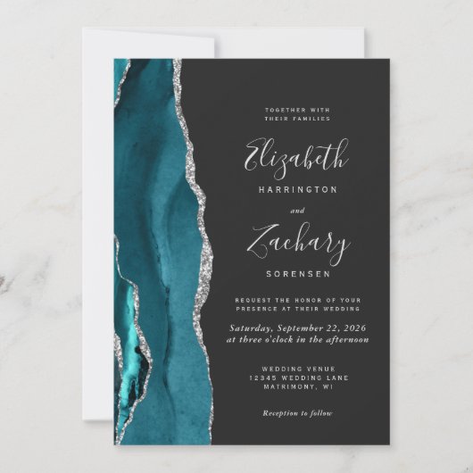 Moderne Aquamarine Silver Agate Dunkle QR Code Hoc Einladung (Vorderseite)