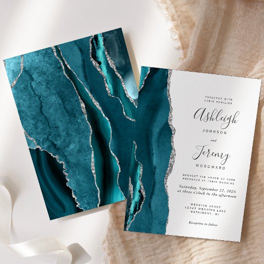 Moderne Aquamarine Silver Agate Hochzeit Einladung