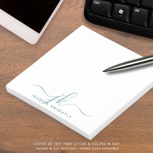 Moderne Aquamarine Skriptmonogramm-Initialen Post-it Klebezettel