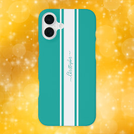 Moderne, Aquamarine Streifen Mit Monogramm Chic iPhone 16 Plus Hülle