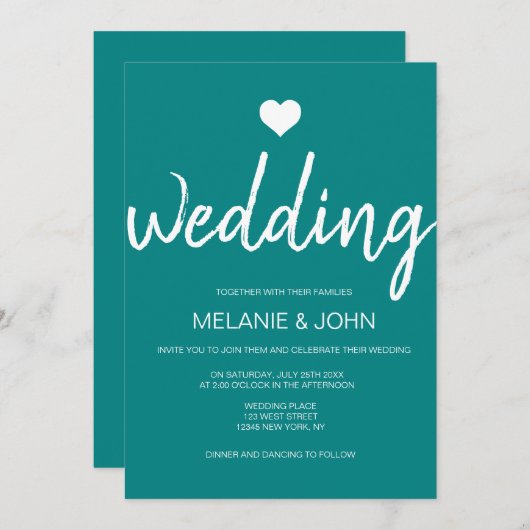 Moderne Aquamarine Typografie Minimale Hochzeit Einladung (Vorne/Hinten)