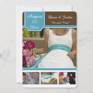 Moderne Aquamarine und braune Foto Collage Post We Einladung