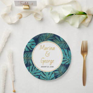 Moderne aquamarine und gnavy tropische Blätter Hoc Pappteller