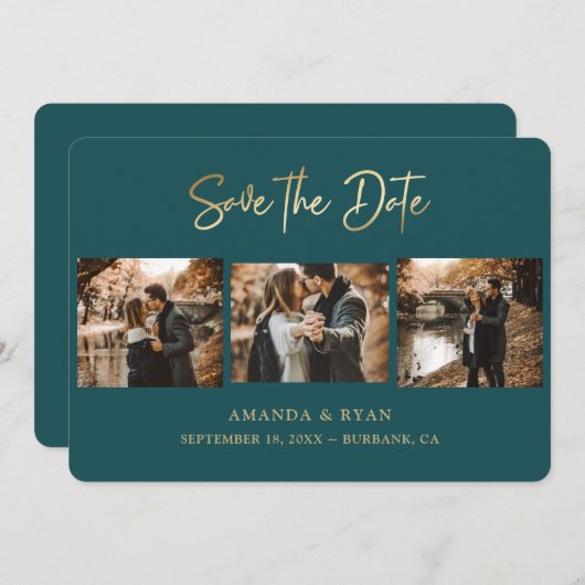 Moderne Aquamarine und goldene Foil Wedding 3 Foto Save The Date (Vorne/Hinten)