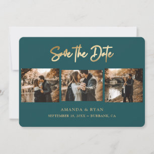 Moderne Aquamarine und goldene Foil Wedding 3 Foto Save The Date