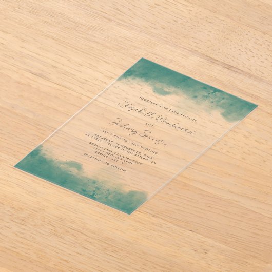 Moderne Aquamarine Wasserfarbenhochzeit Acryleinladungen (Ablage )