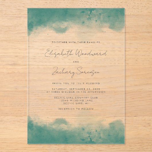 Moderne Aquamarine Wasserfarbenhochzeit Acryleinladungen (Vorderseite)