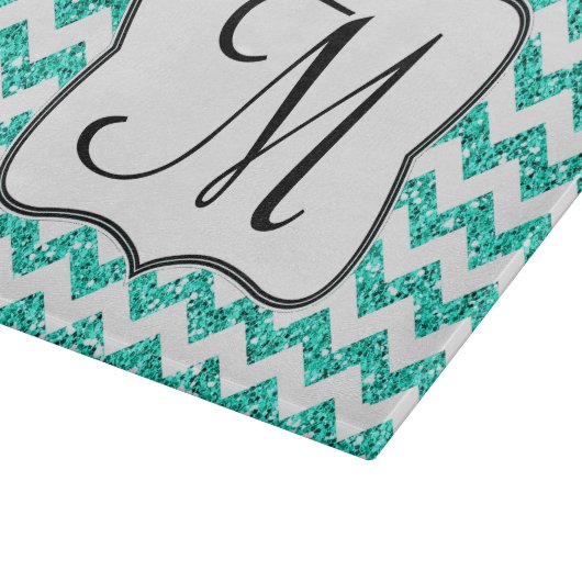 Moderne Aquamarine Zickzack Monogramm-Glasschneide Schneidebrett (Ecke)