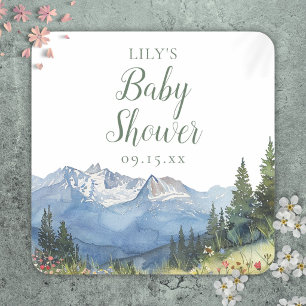 Moderne Aquarell-Berg-Wildblumen-Baby-Party Quadratischer Aufkleber