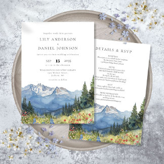 Moderne Aquarell-Berg-Wildblumen-Hochzeit Einladung