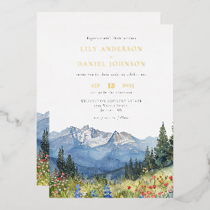 Moderne Aquarell-Berg-Wildblumen-Hochzeit Folieneinladung