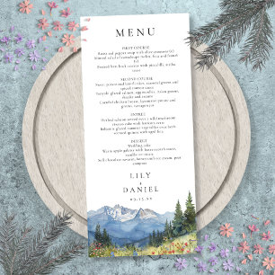 Moderne Aquarell-Berg-Wildblumen-Hochzeit Menükarte