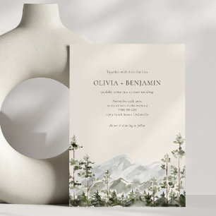 Moderne Aquarell-Bergwald-Hochzeit in Grün Einladung