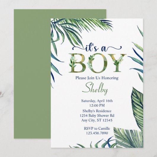 Moderne Aquarell-Blätter Es ist eine Kinderdusche Einladung (Vorne/Hinten)