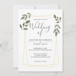 Moderne Aquarell-Blätter Goldrahmen Hochzeit Einladung