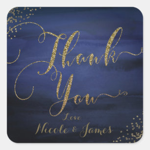 Moderne Aquarell Blau Gold Konfetti Danke Quadratischer Aufkleber
