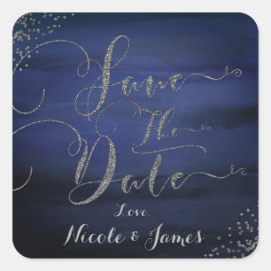 Moderne Aquarell Blau Silber Konfetti Datum speich Quadratischer Aufkleber