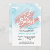 Moderne Aquarell Blue Rose Gold Oh Baby Dusche Einladung (Vorne/Hinten)