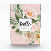 Moderne Aquarell-Blume & Hallo & Name Fotoblock (Vorderseite)