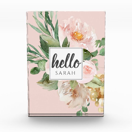 Moderne Aquarell-Blume & Hallo & Name Fotoblock (Vorderseite)