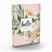 Moderne Aquarell-Blume & Hallo & Name Fotoblock (Links)