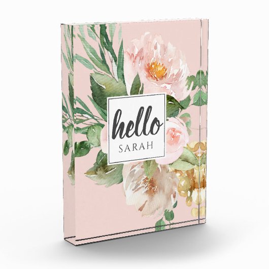 Moderne Aquarell-Blume & Hallo & Name Fotoblock (Links)