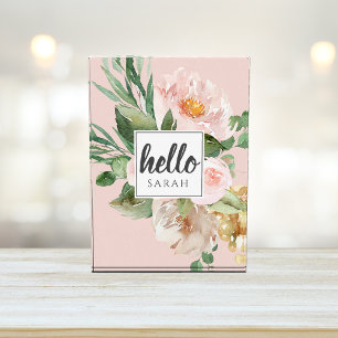Moderne Aquarell-Blume & Hallo & Name Fotoblock