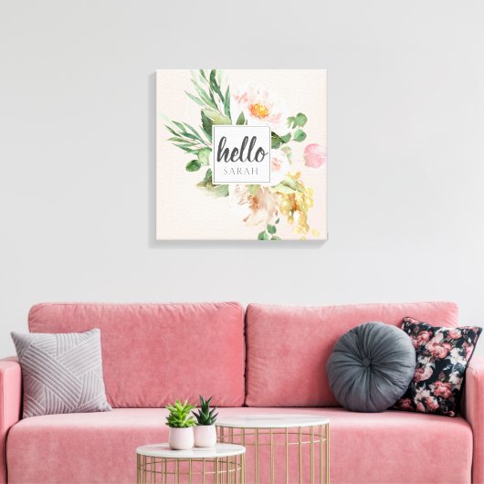 Moderne Aquarell-Blume & Hallo & Name Leinwanddruck (Insitu (Wohnzimmer))