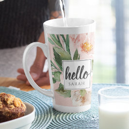 Moderne Aquarell-Blume & Hallo & Name Milchtasse