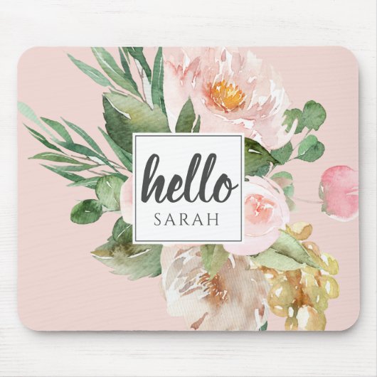 Moderne Aquarell-Blume & Hallo & Name Mousepad (Vorne)