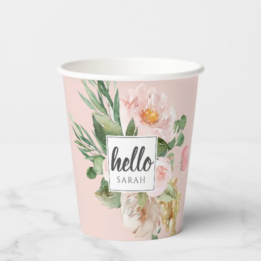 Moderne Aquarell-Blume & Hallo & Name Pappbecher (Rückseite)