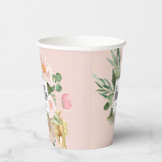 Moderne Aquarell-Blume & Hallo & Name Pappbecher (Rechts)