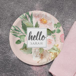Moderne Aquarell-Blume & Hallo & Name Pappteller<br><div class="desc">Moderne Aquarell-Blume & Hallo & Name</div>