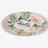 Moderne Aquarell-Blume & Hallo & Name Pappteller (Schrägansicht)